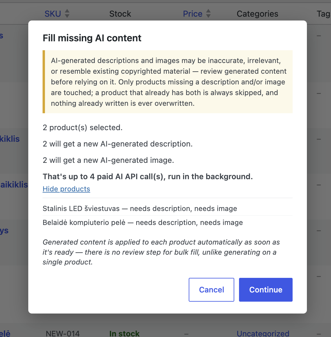 Bulk-fill confirmation showing cost estimate before running