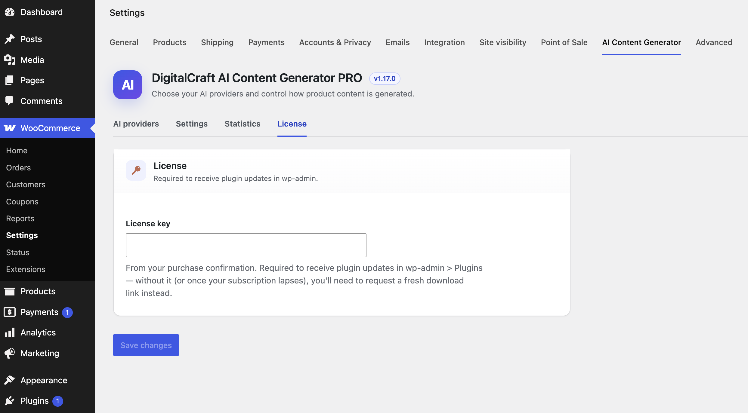 License tab with license key field and status check