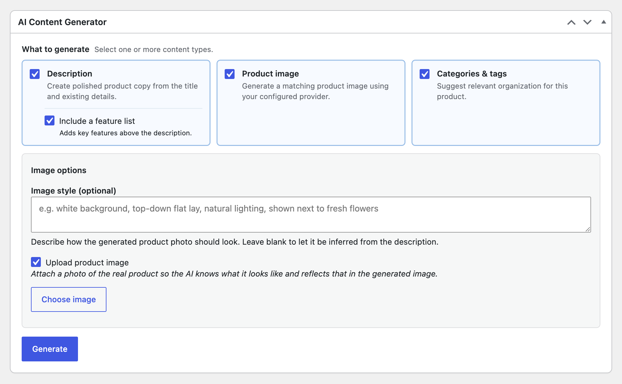 Choosing what to generate for a single product