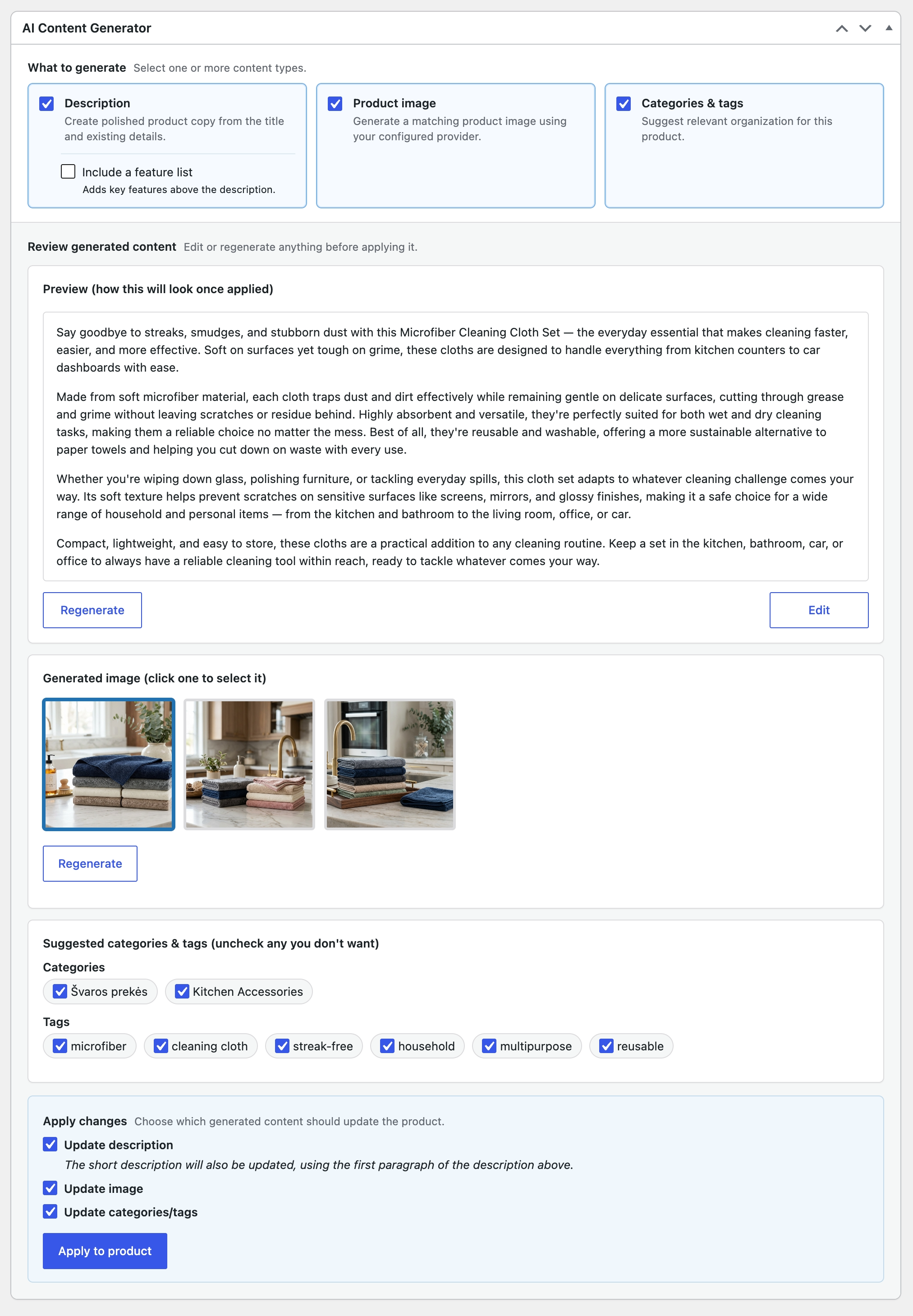 Applying only the checked, reviewed content to a product